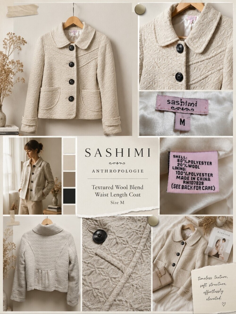 Sashimi Anthropologie Coat - M - Textured Wool Blend Waist Length